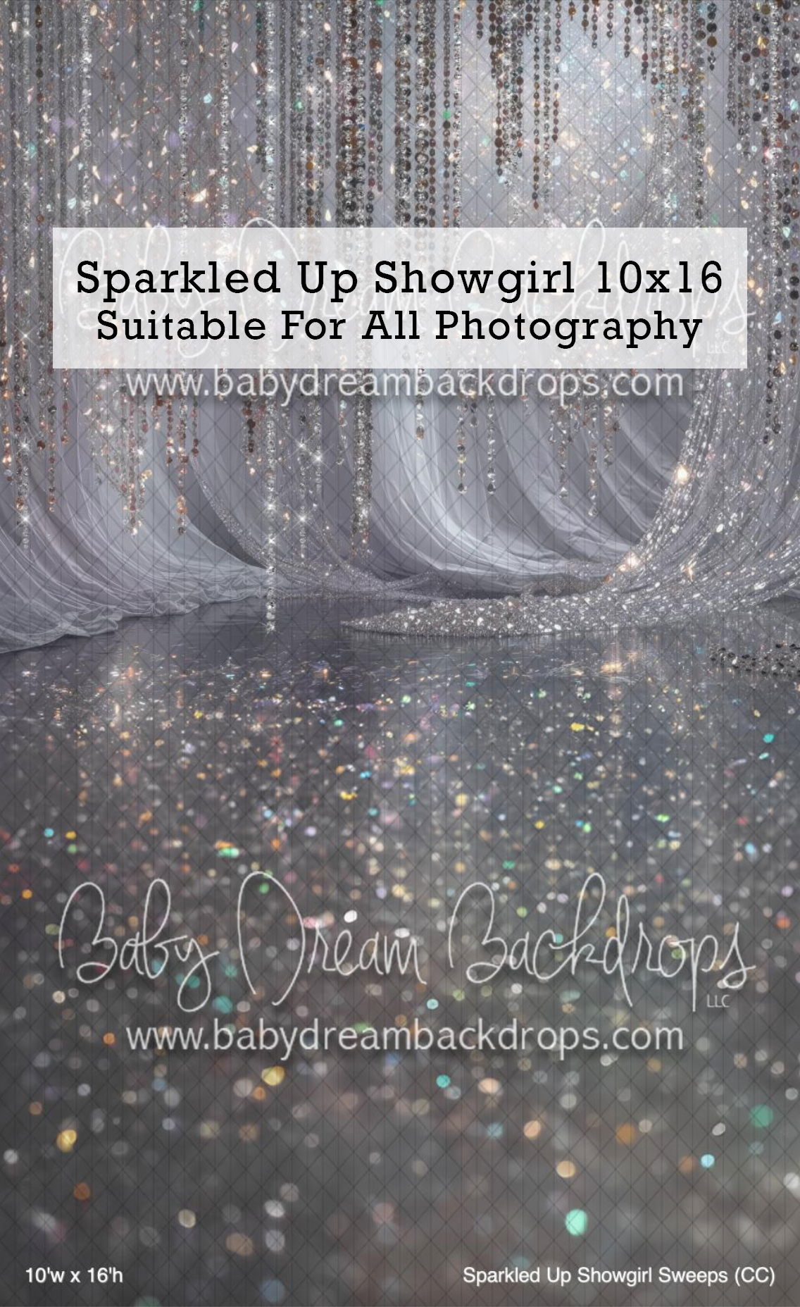 Sparkled Up Showgirl 10x16 glitter photography backdrop with silver draping and shimmering floor by Baby Dream Backdrops.