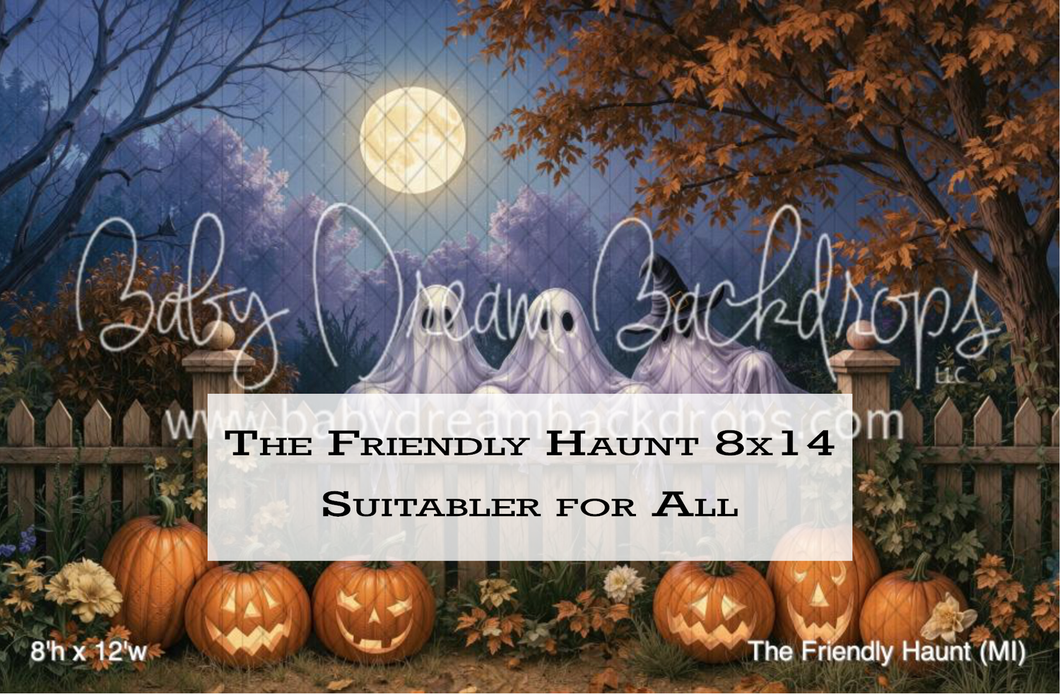 Halloween backdrop featuring friendly ghosts, glowing jack-o-lanterns, full moon, and autumn trees for 8x14 photography.
