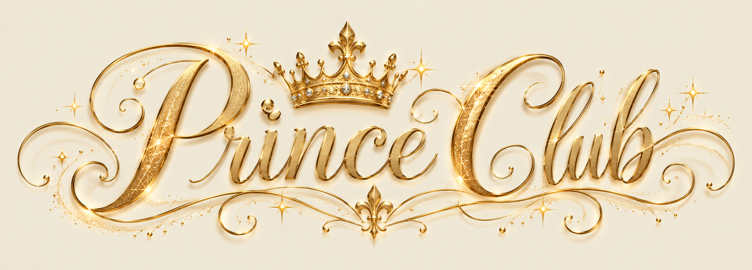 Gold ornate calligraphy logo reading Prince Club with a royal crown, elegant swirls, and sparkling stars on cream background.