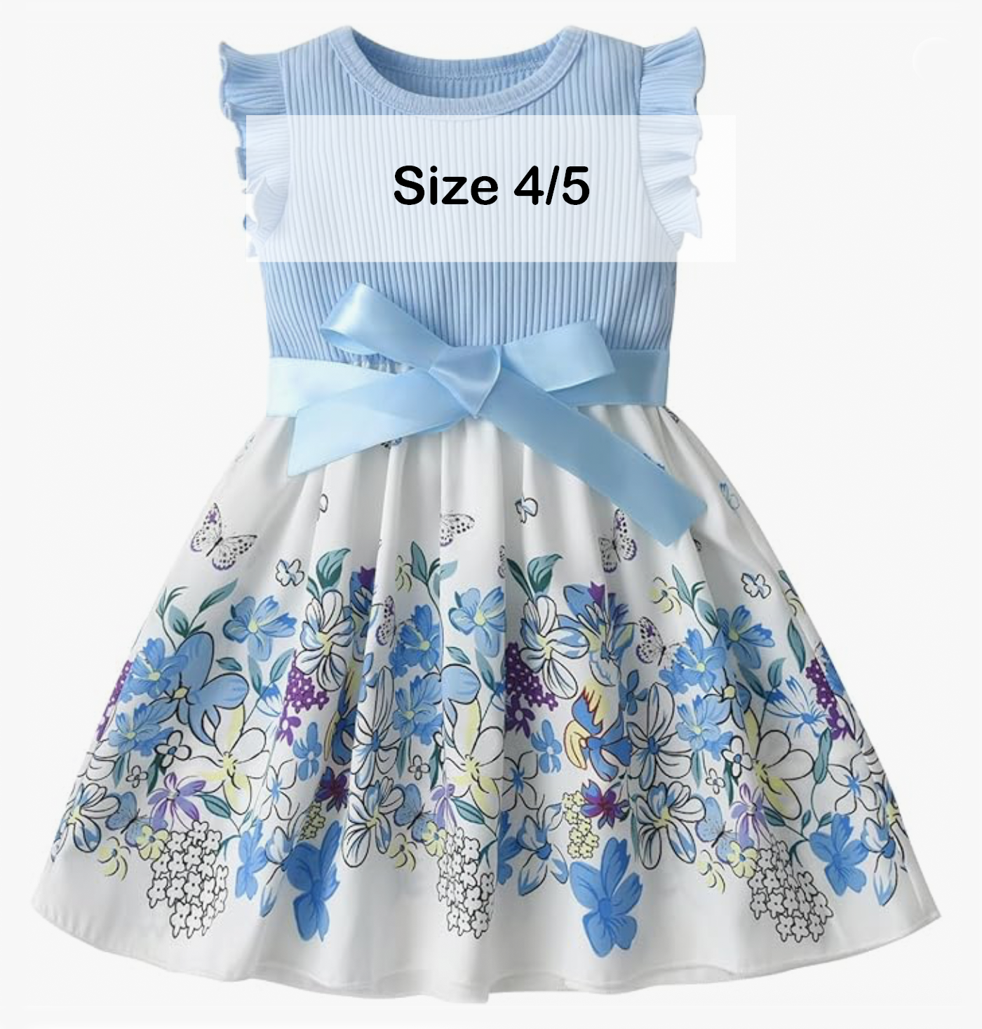 Girls size 4/5 blue floral dress with ribbon bow and ruffle sleeves.