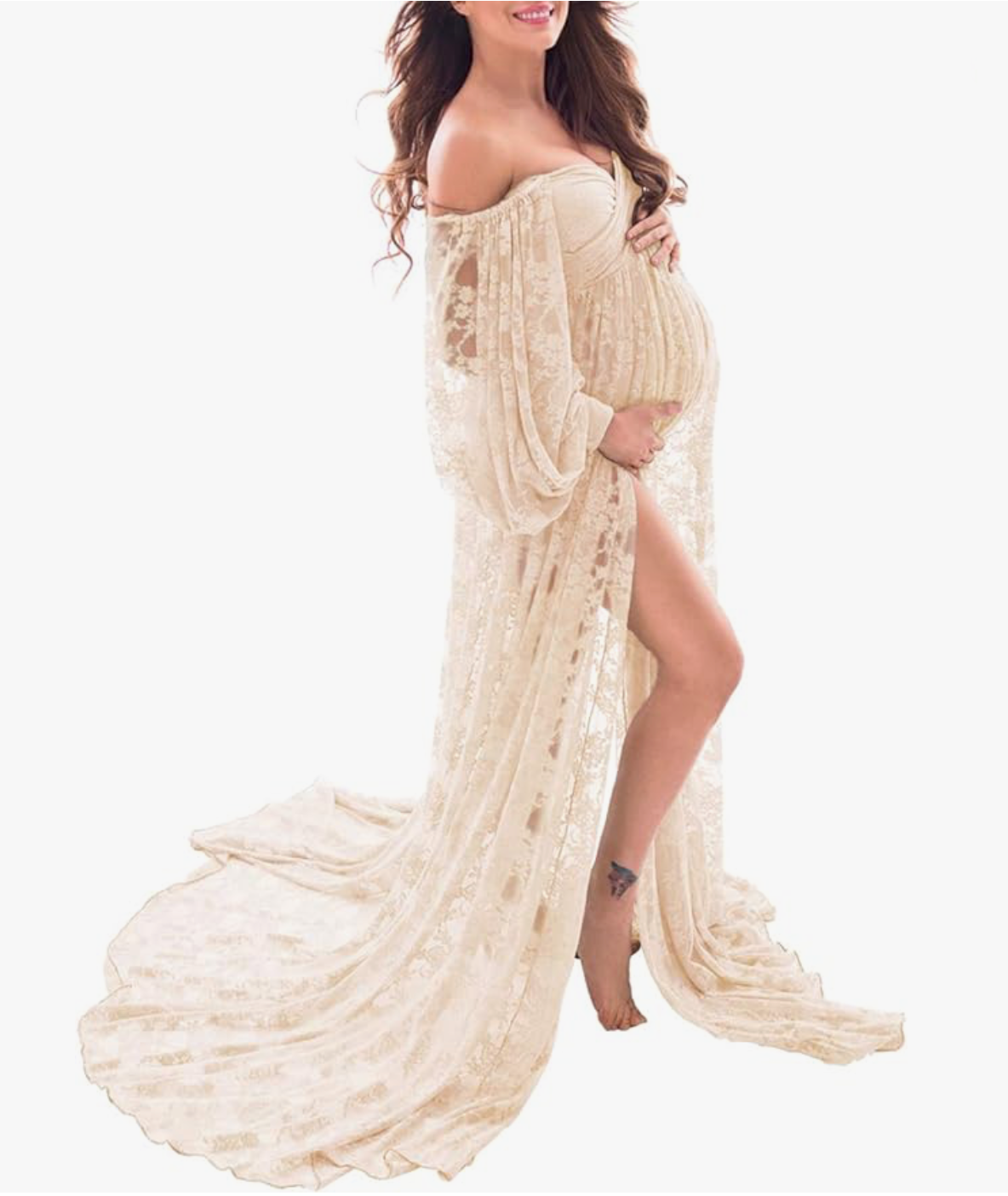 Cream lace off-shoulder maternity gown with split and long train.