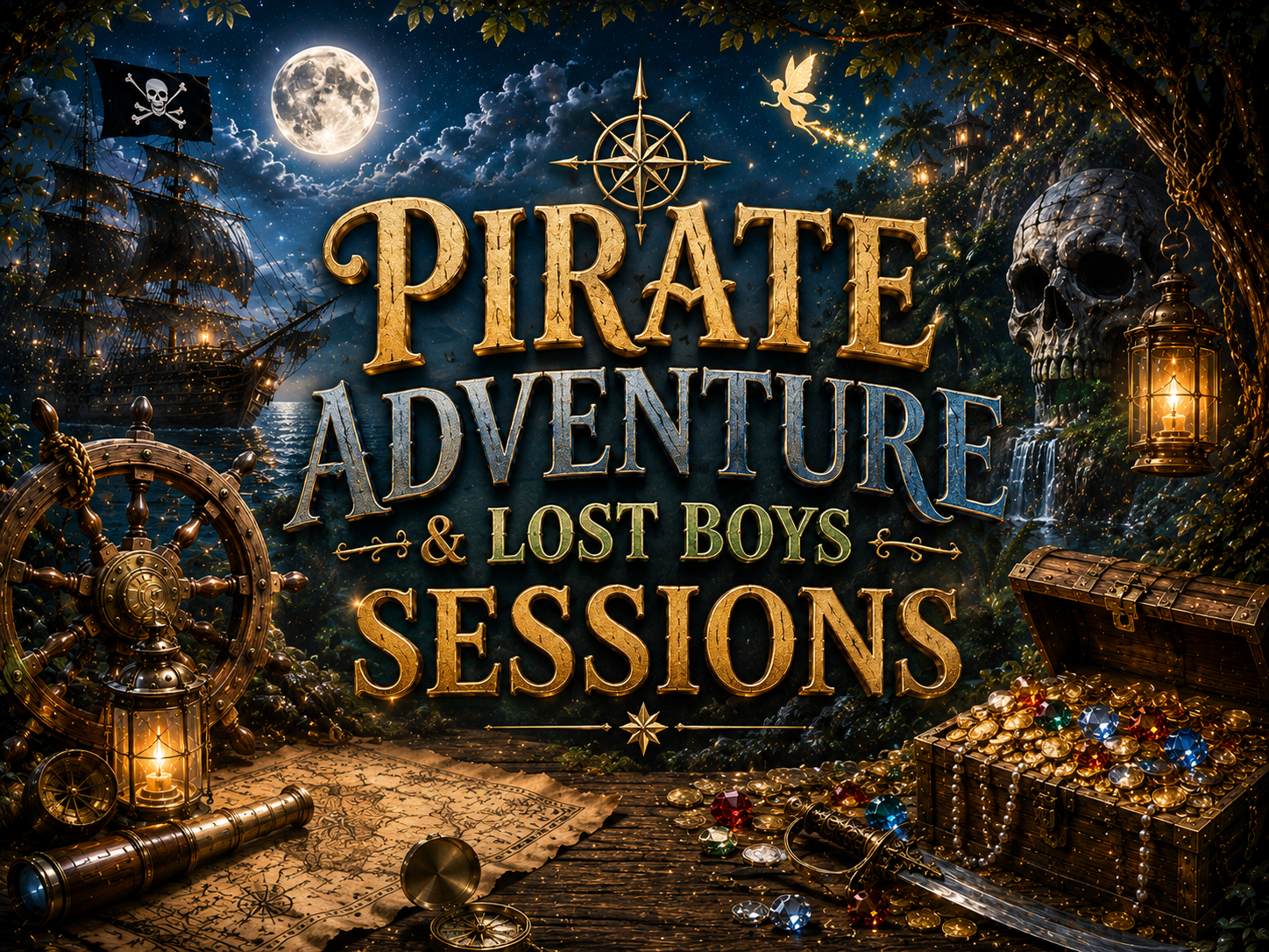 Pirate Adventure and Lost Boys Sessions logo with treasure chest, skull, ship wheel, and moonlit night scene.