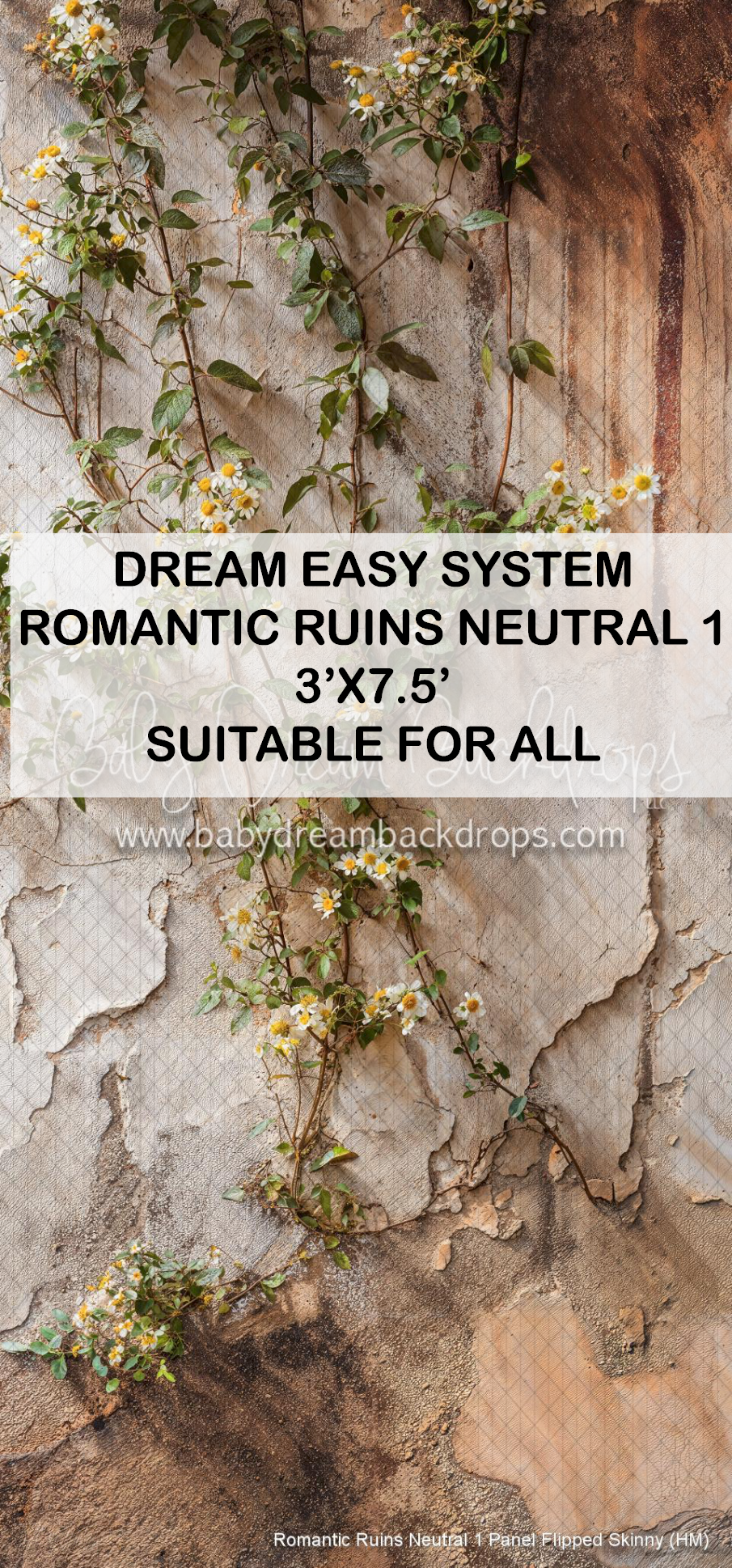 Romantic ruins neutral photography backdrop with floral vines on aged wall, 3x7.5ft, suitable for all photography.