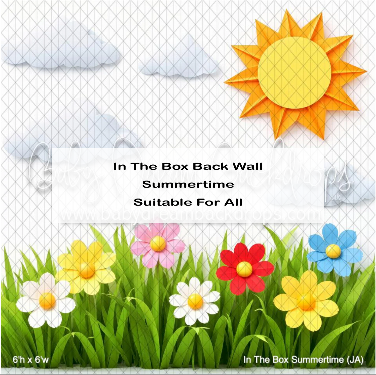 Colorful summertime photography backdrop featuring flowers, grass, sun, and clouds, suitable for all ages, 6x6 feet.
