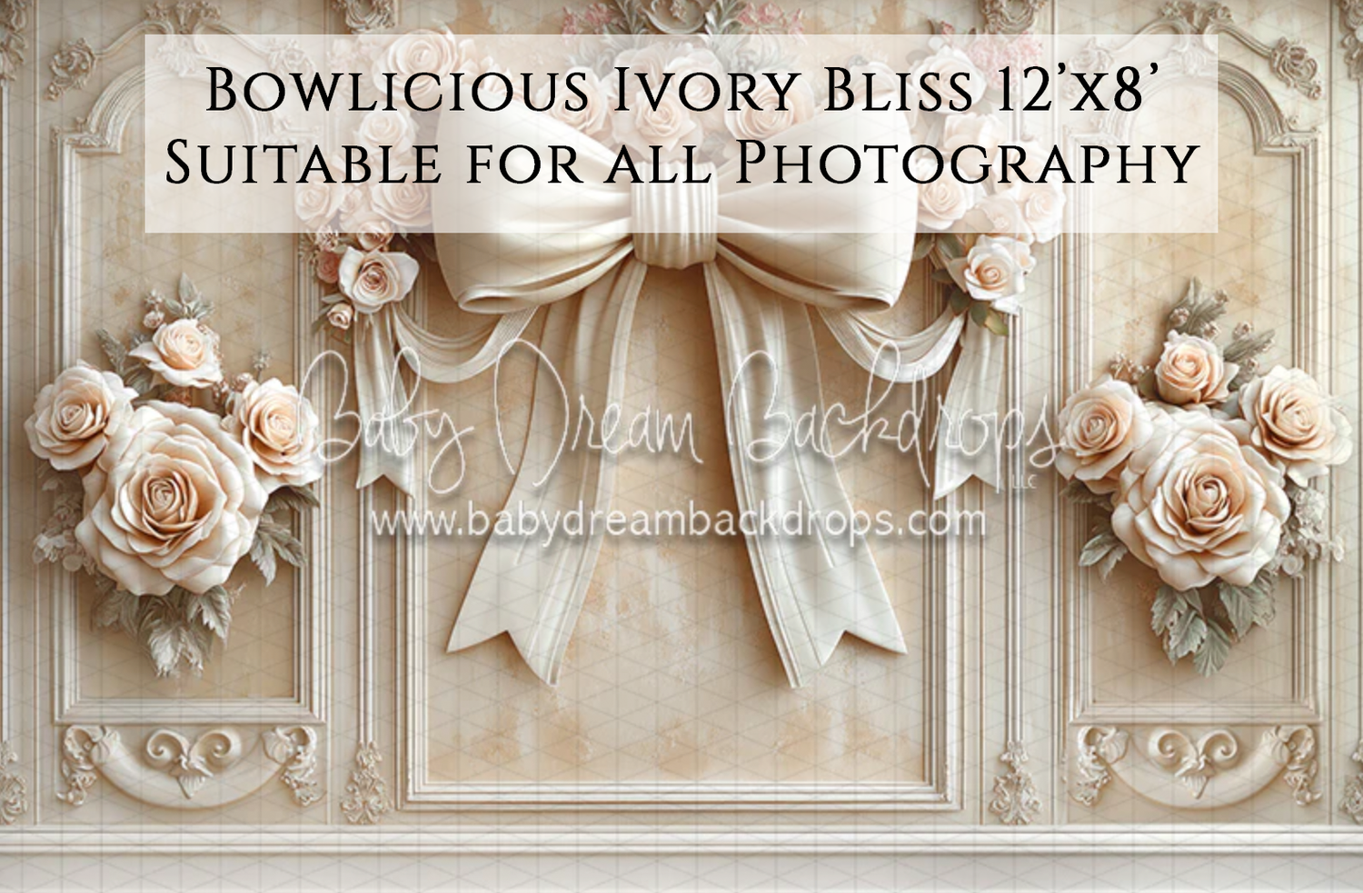 Elegant ivory photography backdrop with 3D roses, bow, and ornate molding, 12x8ft, suitable for all photography.