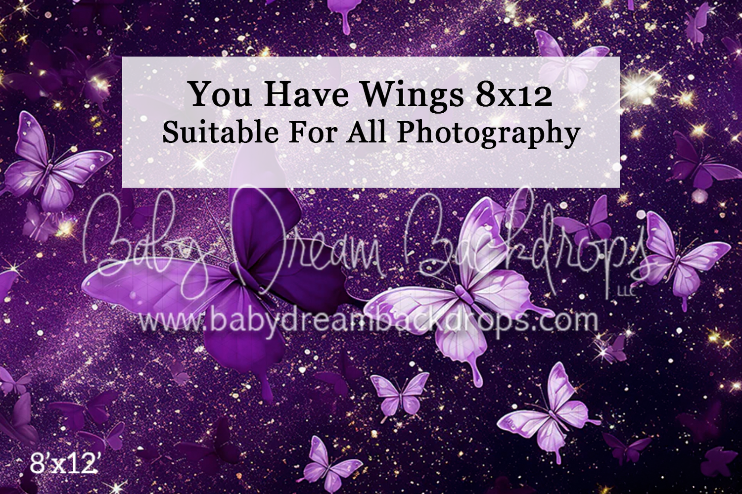 Purple glitter photography backdrop with butterflies and stars, 8x12 ft, suitable for all photography styles.
