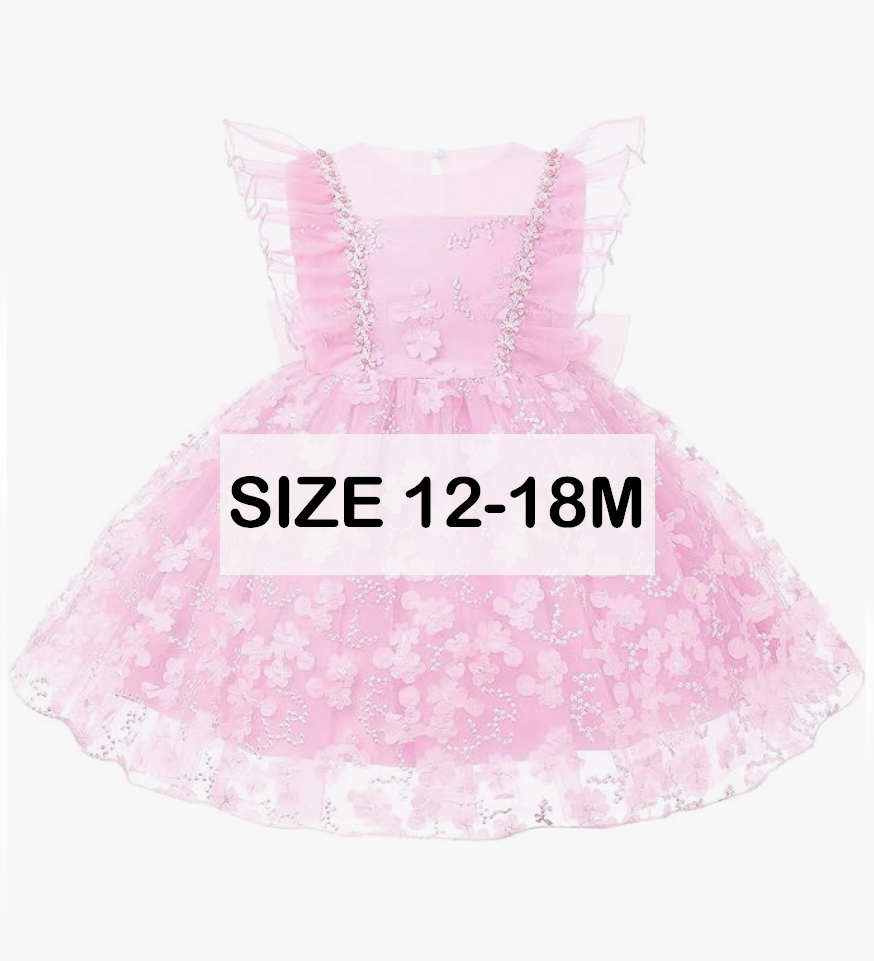 Pink floral tulle baby girl dress size 12-18M with ruffle sleeves and rhinestone embellishments.