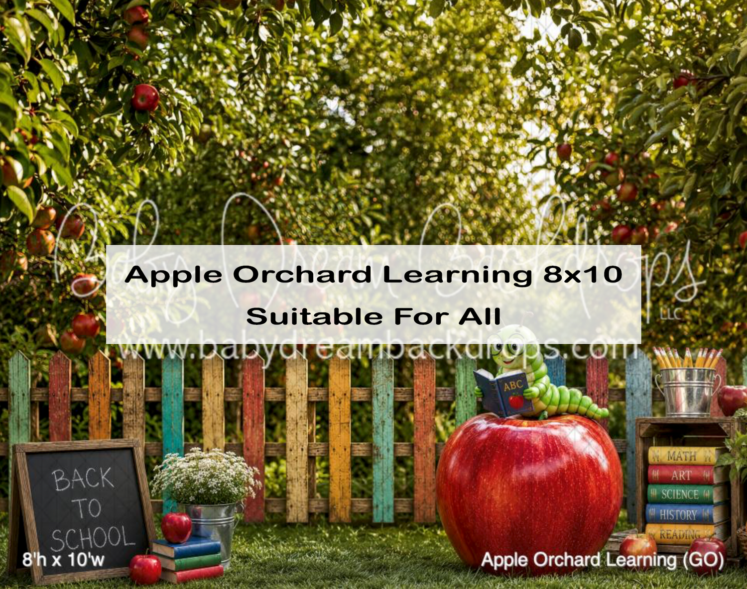 Apple Orchard Learning 8x10 back-to-school photography backdrop with colorful fence, books, and giant apple prop.