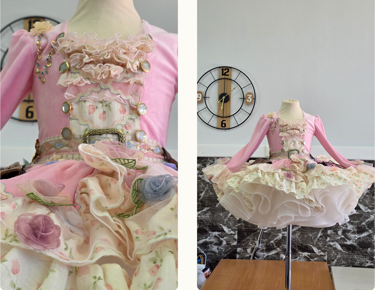 Pink floral ballet tutu dress with gold embellishments and long sleeves displayed on a mannequin stand.
