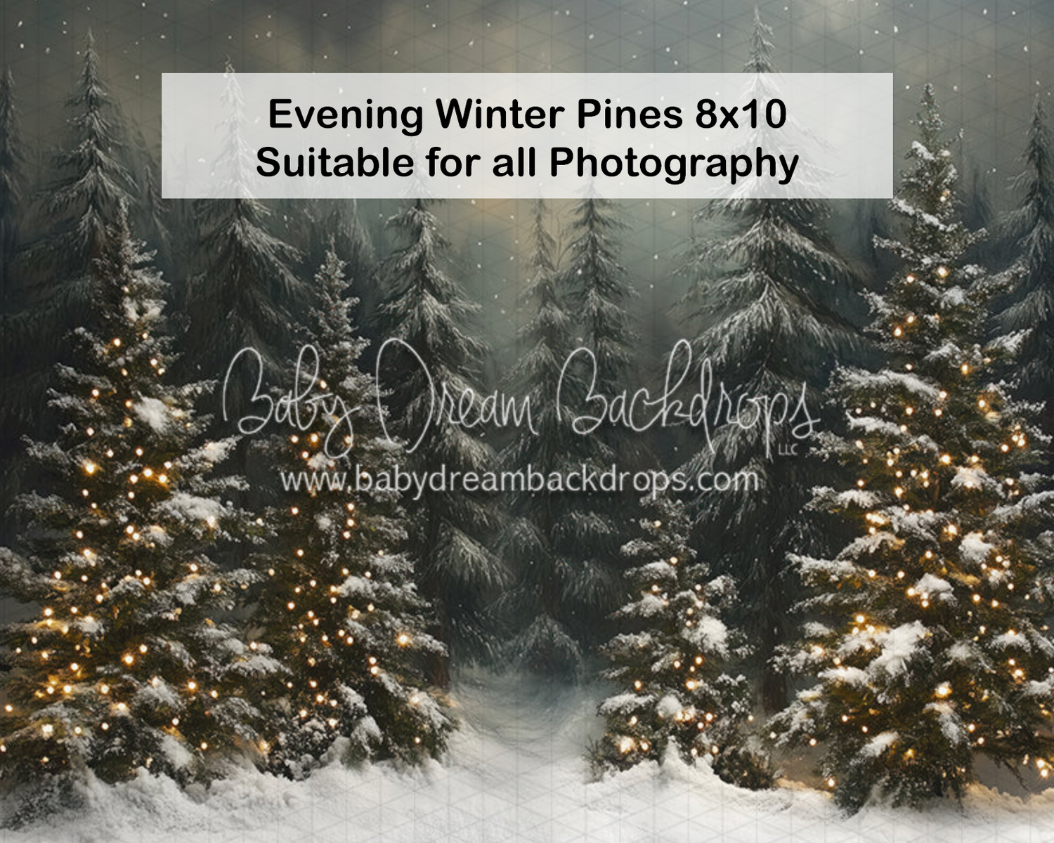 Evening Winter Pines photography backdrop with snow-covered trees and warm glowing lights, 8x10ft.