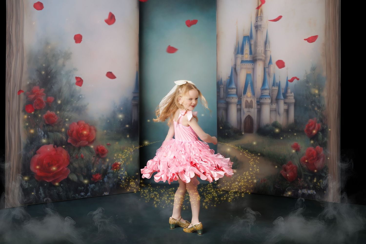 Young girl in pink dress twirling near a fairytale castle backdrop with red roses and falling petals.
