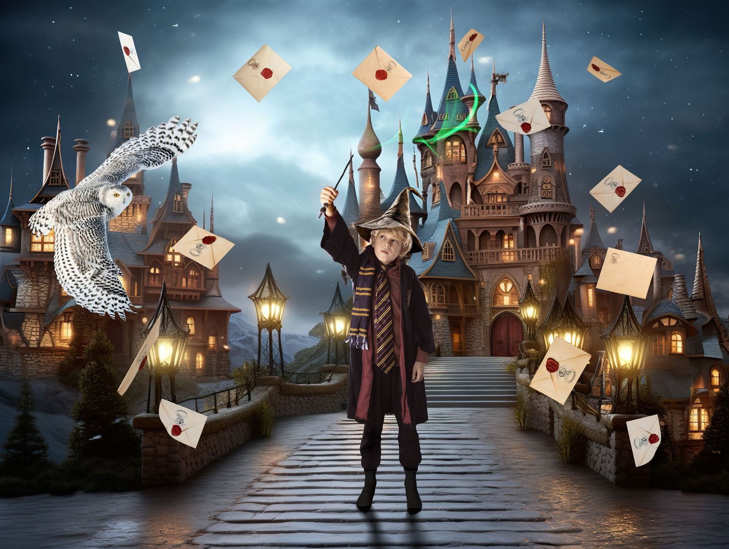 Young wizard waving a wand with flying letters and an owl near an enchanted fantasy castle.