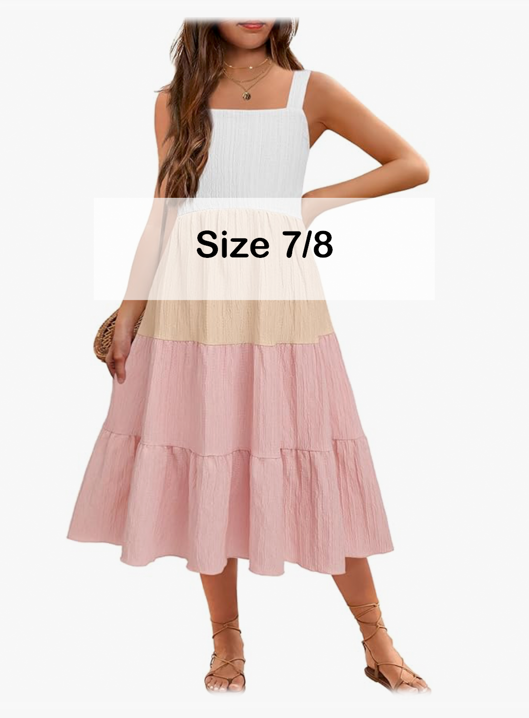 Colorblock tiered midi dress in white, beige, and pink, size 7/8.