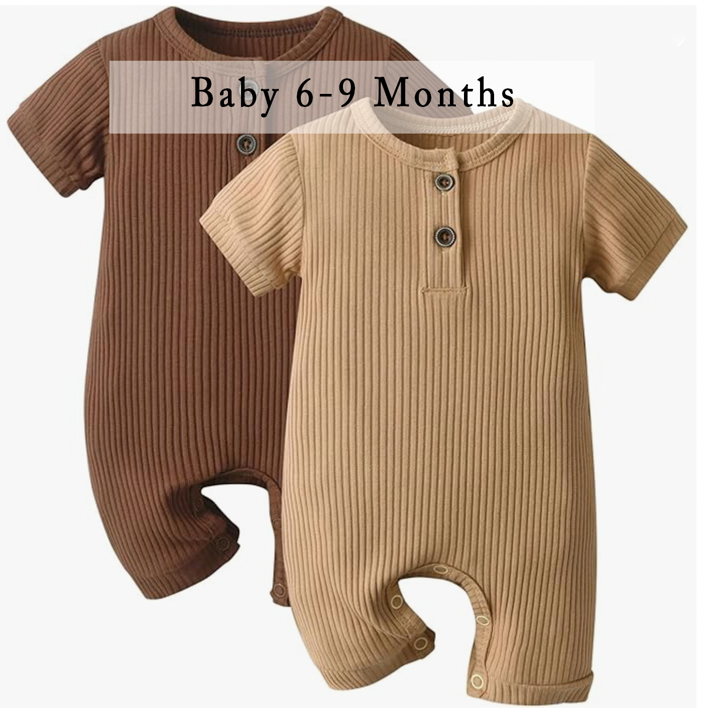 Baby ribbed short-sleeve rompers in brown and tan, size 6-9 months, set of two.