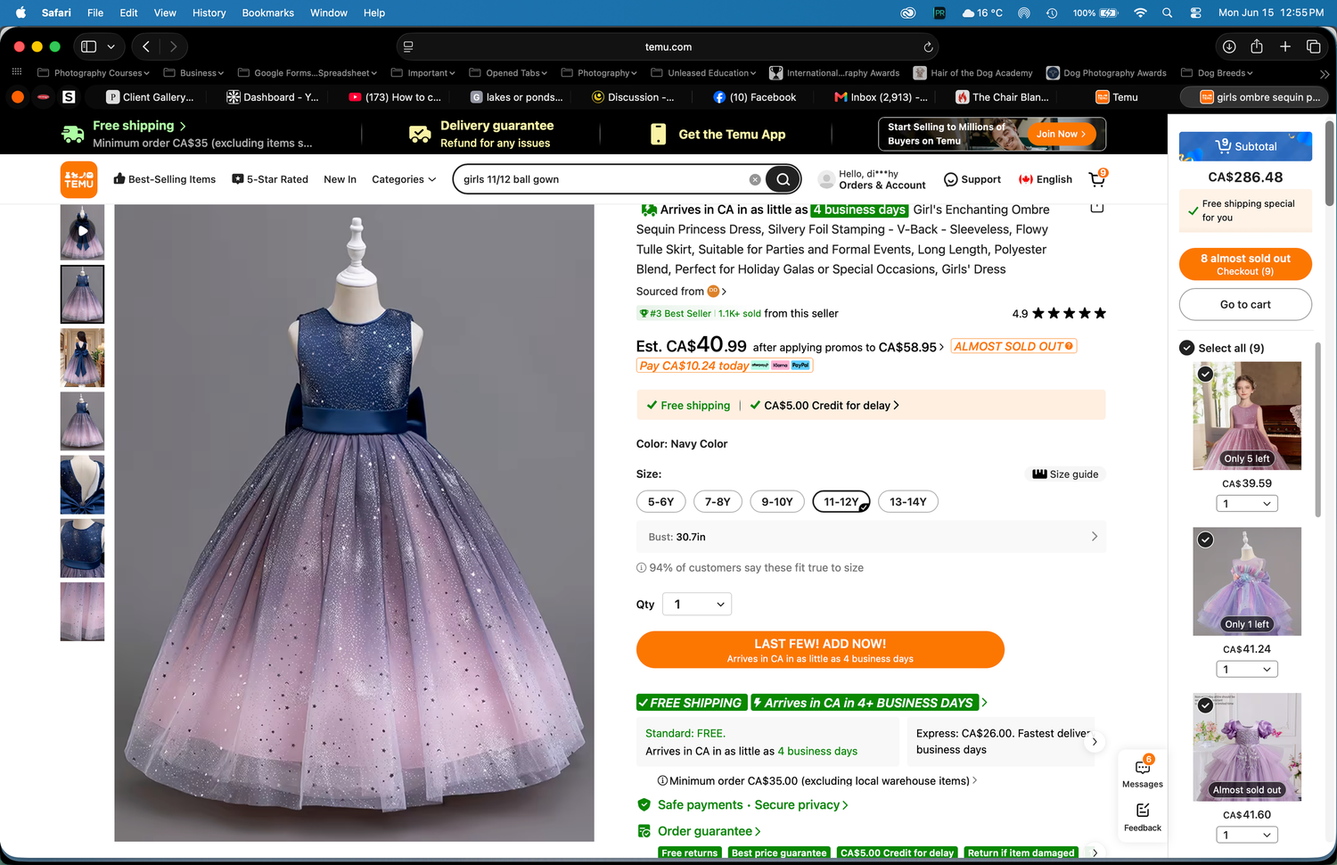 Blue and pink gradient girls formal dress with glitter tulle skirt displayed on an e-commerce product page.