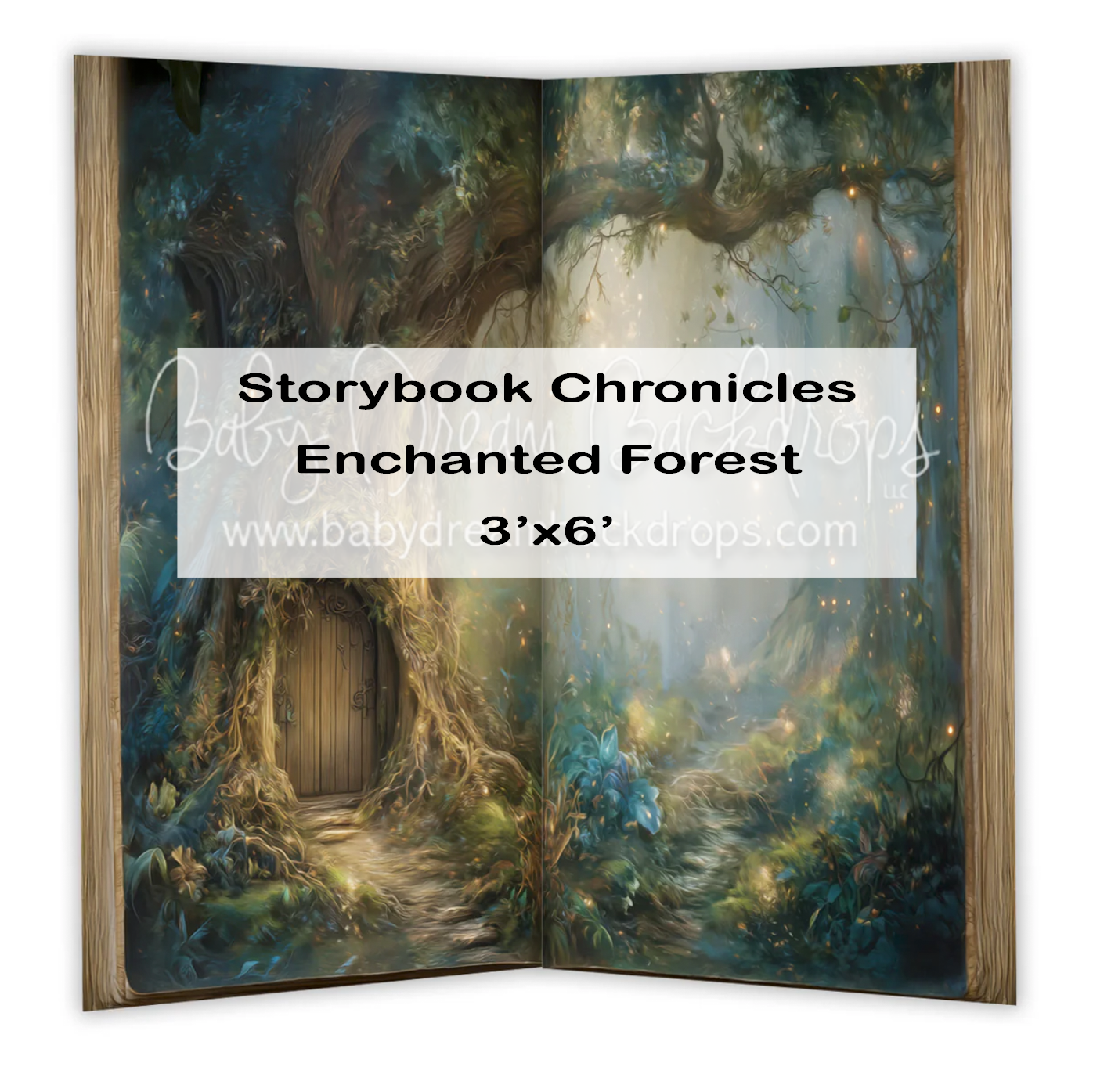 A 3x6 ft storybook-themed photography backdrop featuring an enchanted forest with a magical door in a tree.