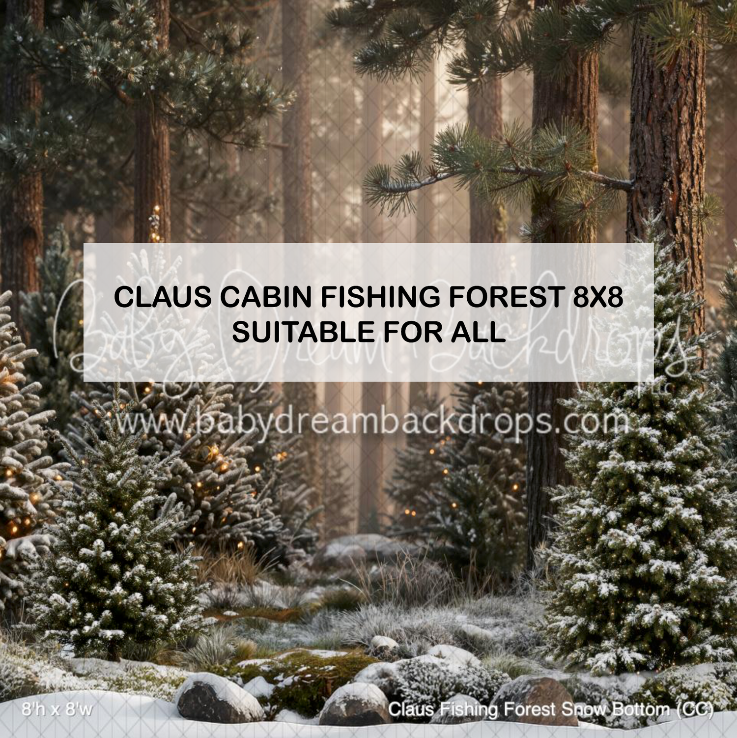 Snow-dusted pine forest photography backdrop, 8x8ft, suitable for all photography styles, by Baby Dream Backdrops.