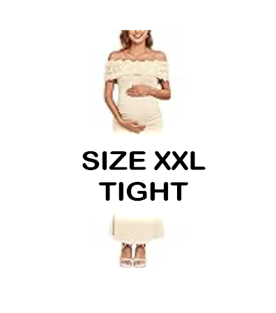 Pregnant woman wearing an off-shoulder cream lace maternity dress, size XXL tight fit, with matching heels.