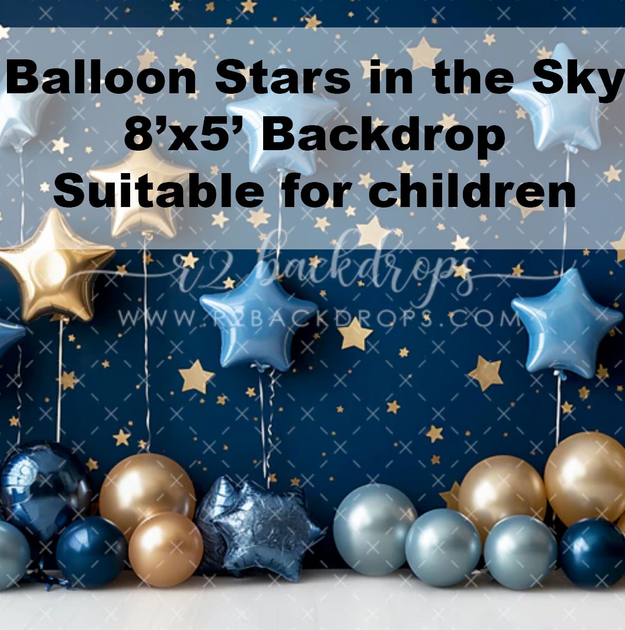 Navy blue children's photo backdrop featuring gold and blue star balloons and metallic sphere balloons.
