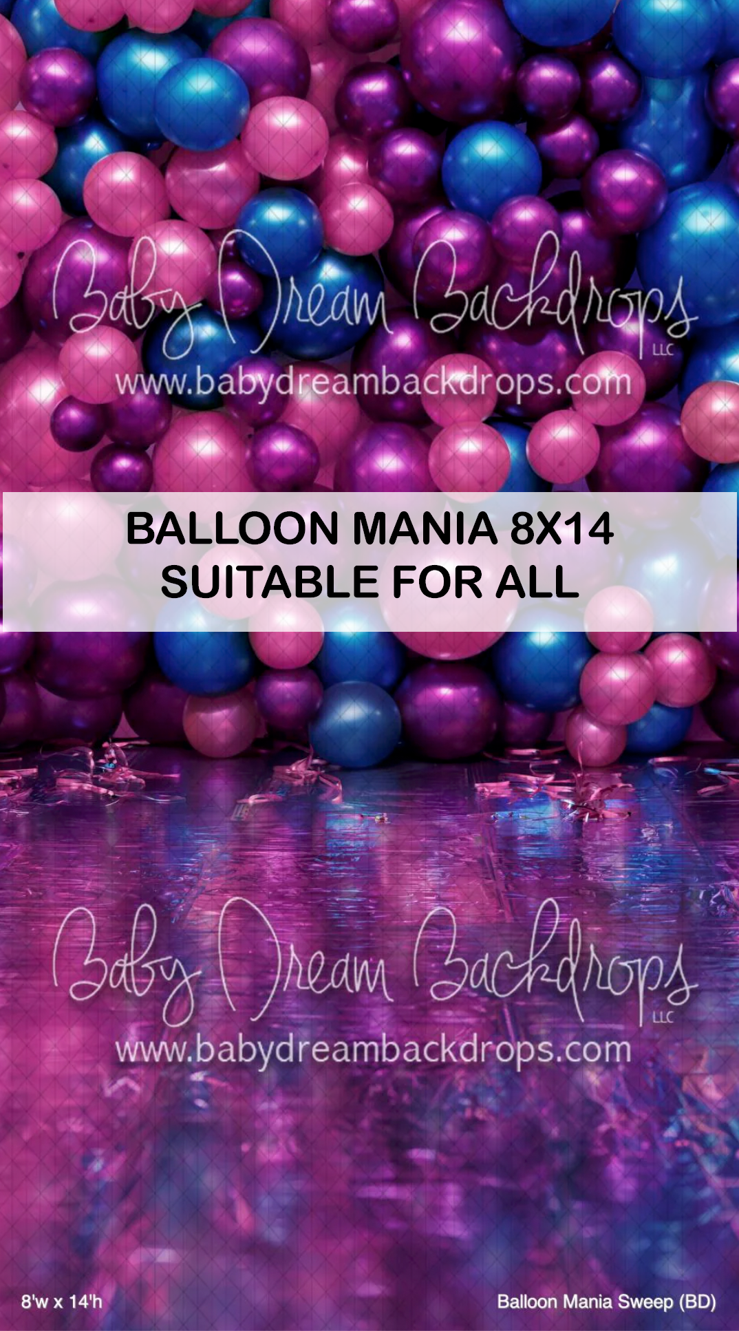 Vibrant pink, purple, and blue balloon wall backdrop with matching floor, 8x14 photography background by Baby Dream Backdrops.