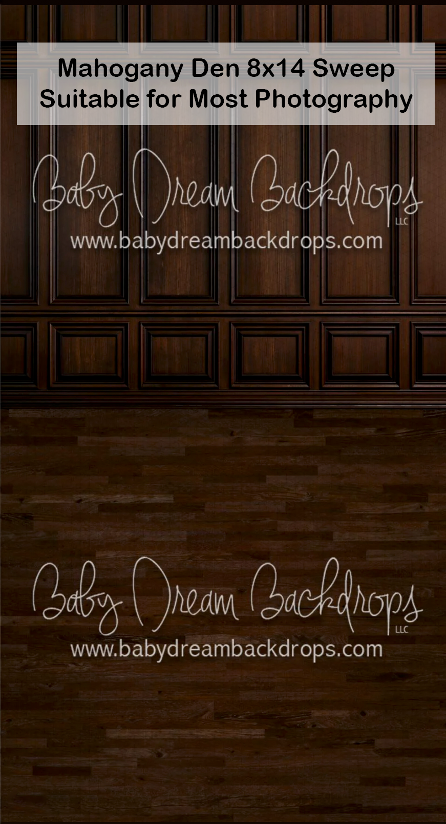 Mahogany Den 8x14 photography sweep backdrop featuring dark wood panel wall and hardwood floor by Baby Dream Backdrops.