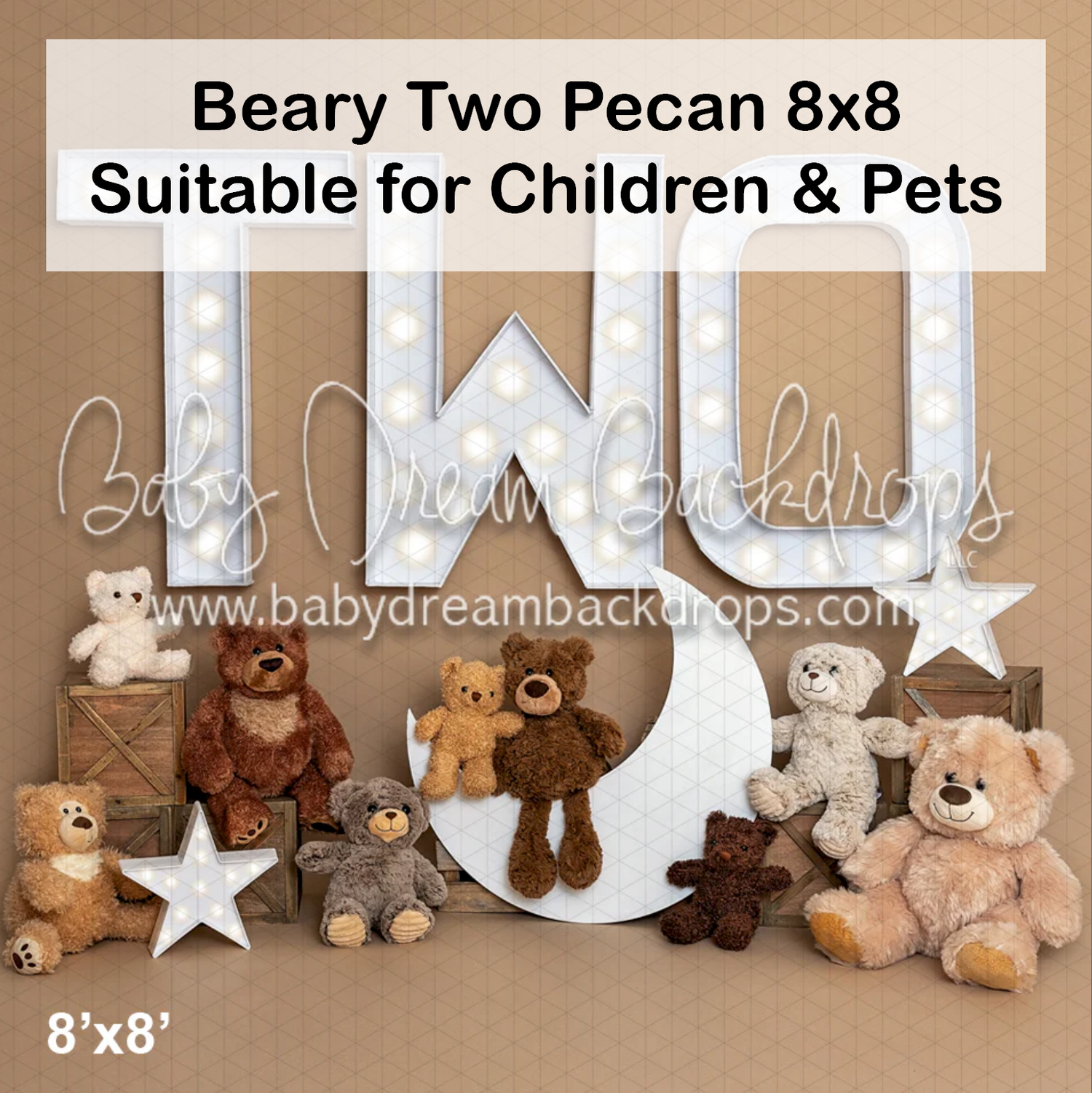 Beary Two Pecan 8x8 photography backdrop featuring teddy bears, a crescent moon, and stars, suitable for children and pets.
