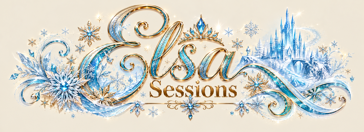 Elegant Elsa Sessions logo with gold and blue snowflakes, swirling frost designs, and a glittering ice castle on a cream background.