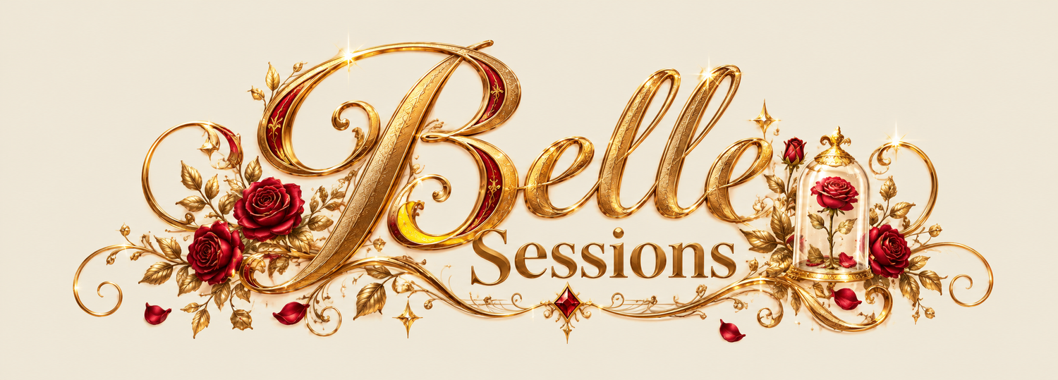 Elegant Belle Sessions logo with gold script lettering, ornate floral decorations, and red roses on a cream background.
