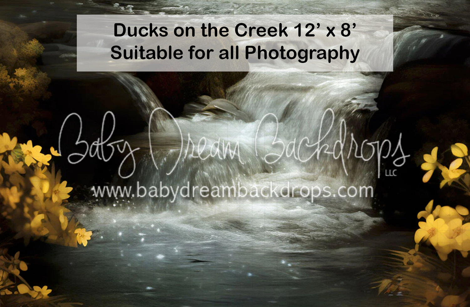 Ducks on the Creek 12x8 dark moody waterfall backdrop with yellow flowers suitable for all photography.