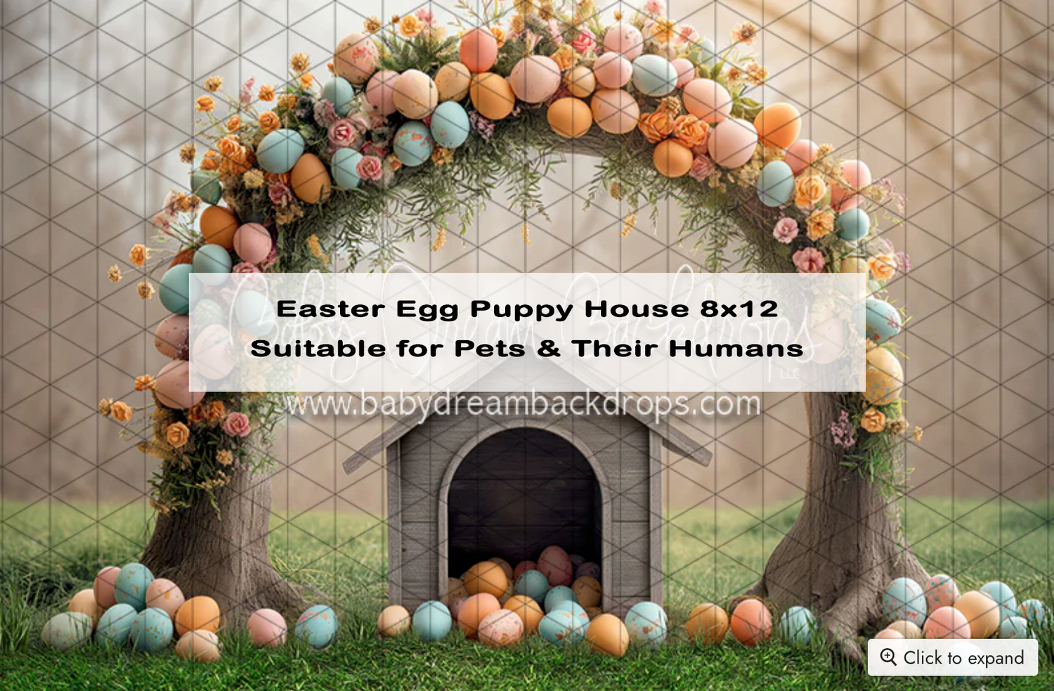 Easter Egg Puppy House 8x12 photography backdrop with colorful egg arch, stone doghouse, and spring flowers.