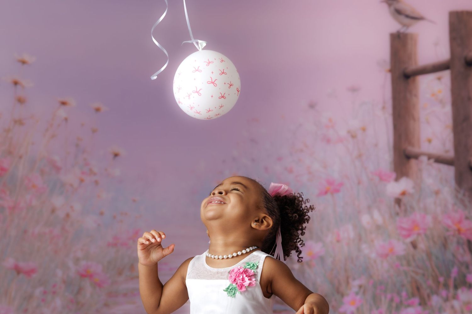 Toddler girl in white dress looking up at floral balloon against purple wildflower backdrop.