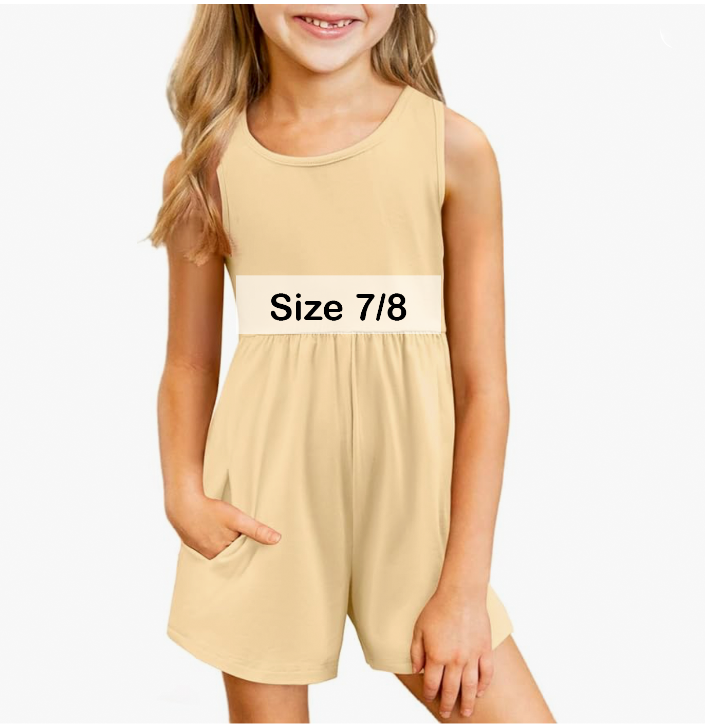 Beige sleeveless girls romper with pockets in size 7/8.