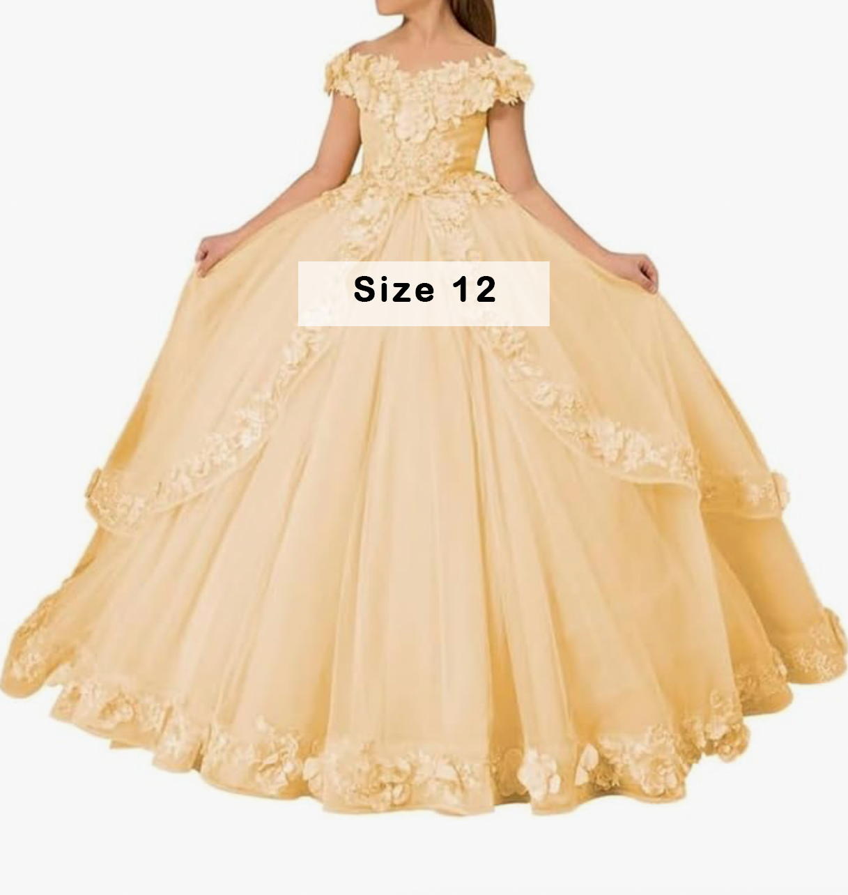 Girls gold off-shoulder ball gown with floral lace appliques, size 12.