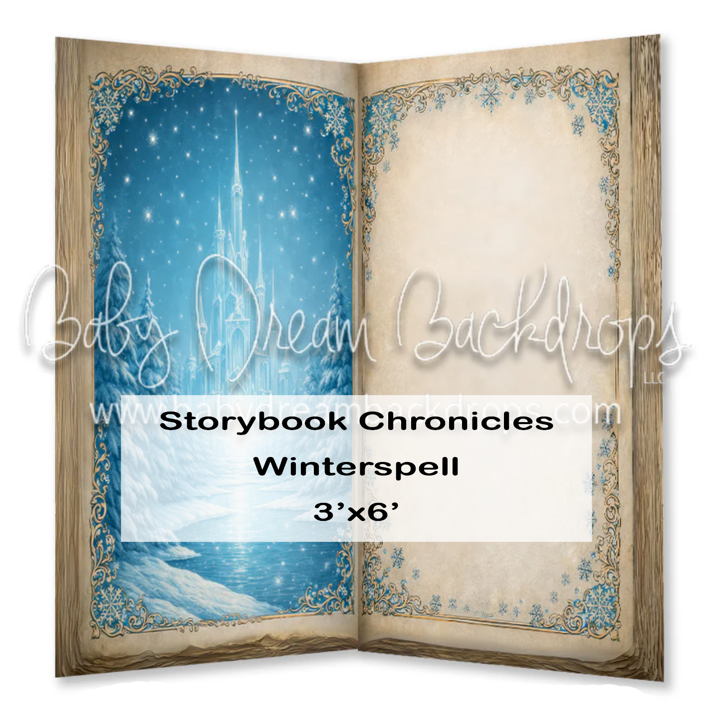 Winterspell frozen castle storybook photography backdrop with snowflakes and ice, 3x6 ft.