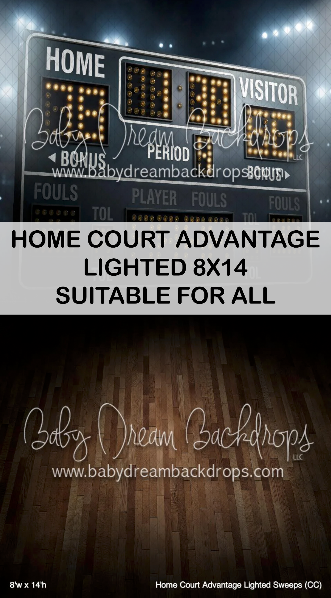 Basketball scoreboard and hardwood court photography backdrop set, 8x14, suitable for all photography needs.