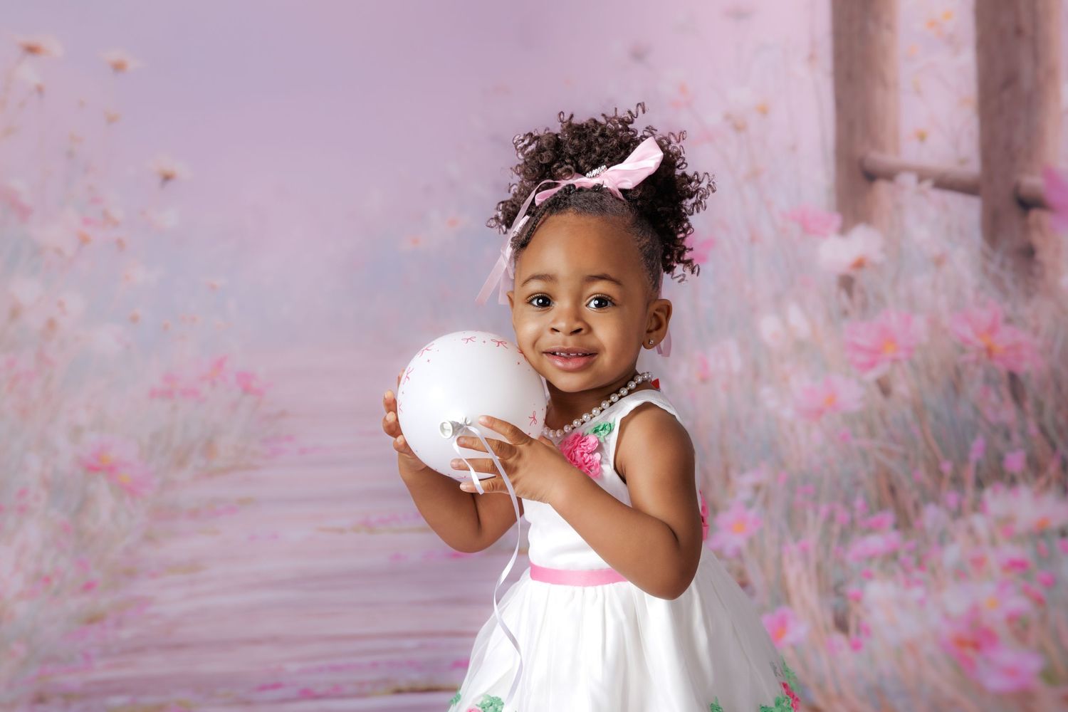 A young toddler girl in a white dress holds a white ball, smiling in a floral garden portrait setting.