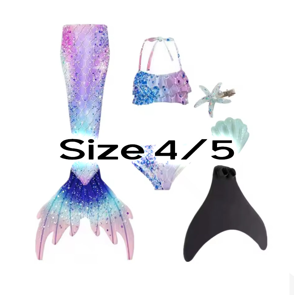Size 4/5 girls mermaid tail swimsuit set with purple-blue ombre scales, bikini top, monofin, and starfish accessories.