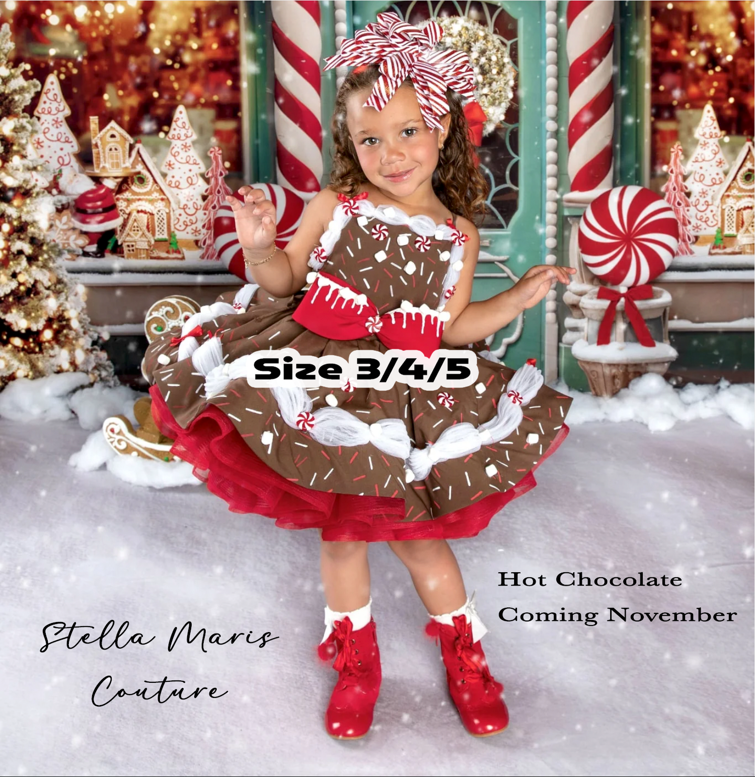 Girl in Stella Maris Couture Hot Chocolate Christmas dress, size 3/4/5, brown with red tulle, candy cane headband.