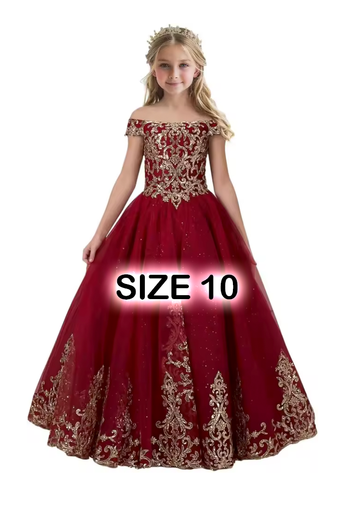 Girl's size 10 burgundy ball gown with gold embroidery, off-shoulder neckline, and full tulle skirt for formal occasions.