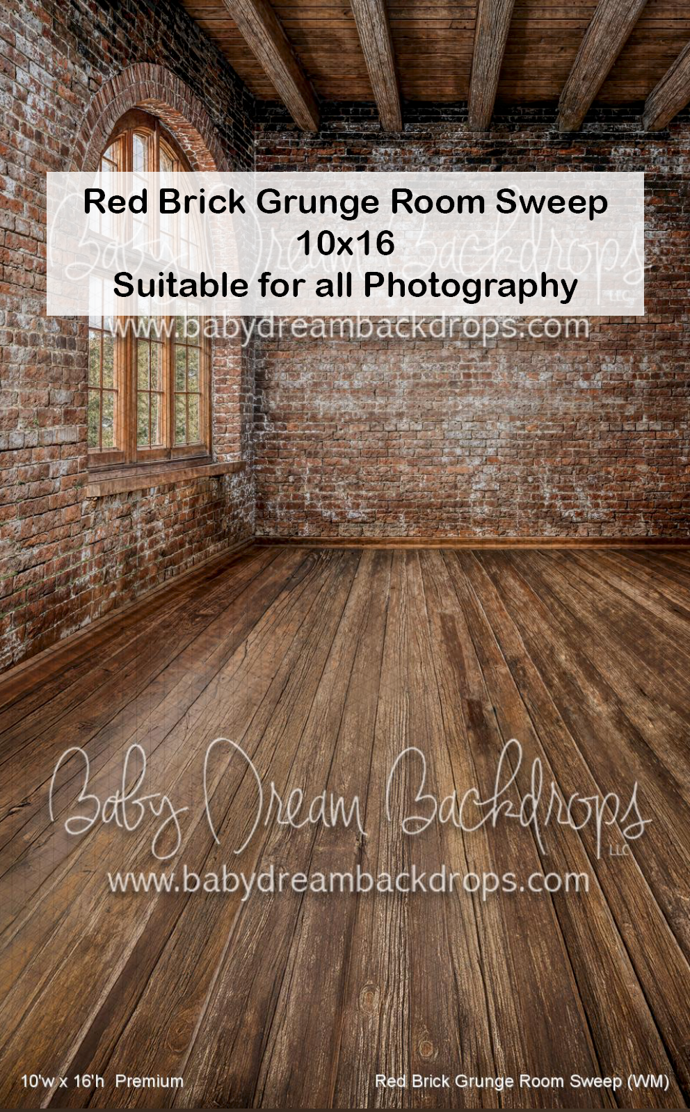 Red brick grunge room sweep photography backdrop featuring rustic wood floors, arched window, and exposed beam ceiling.