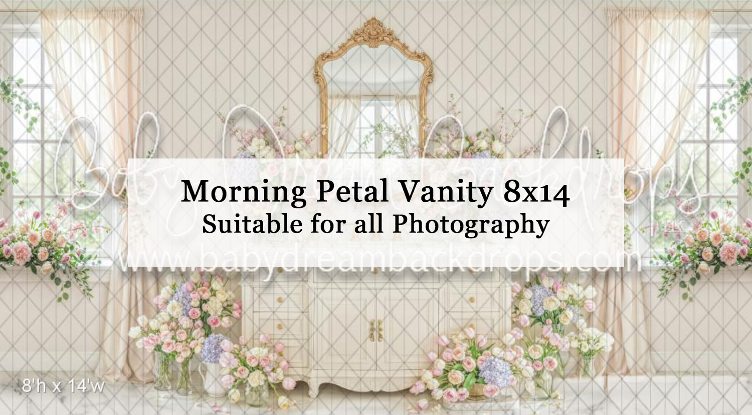 Elegant Morning Petal Vanity 8x14 photography backdrop featuring floral arrangements, vintage mirror, and soft pastel tones.