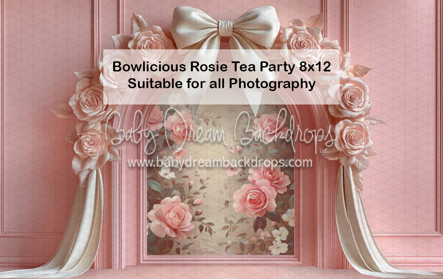 Pink floral tea party photography backdrop with roses, bow, and ornate frame by Baby Dream Backdrops, 8x12.