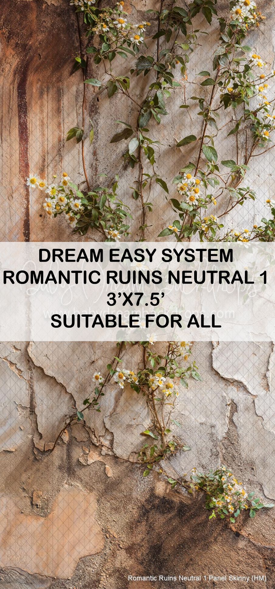 Romantic Ruins Neutral 1 photography backdrop featuring climbing wildflowers on aged stone wall, 3x7.5ft, suitable for all.