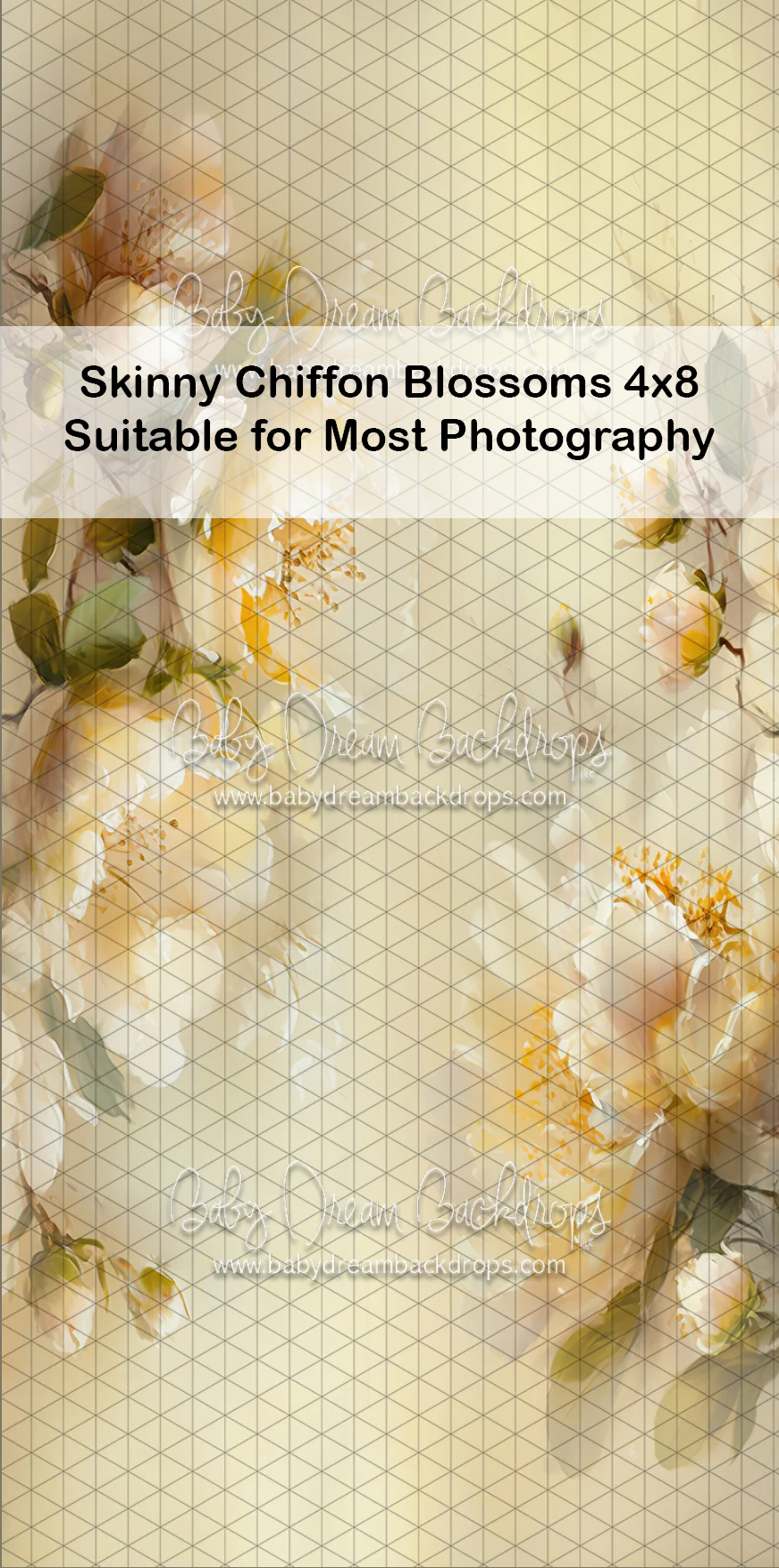 Skinny Chiffon Blossoms 4x8 vertical backdrop with soft yellow roses, suitable for most photography styles.