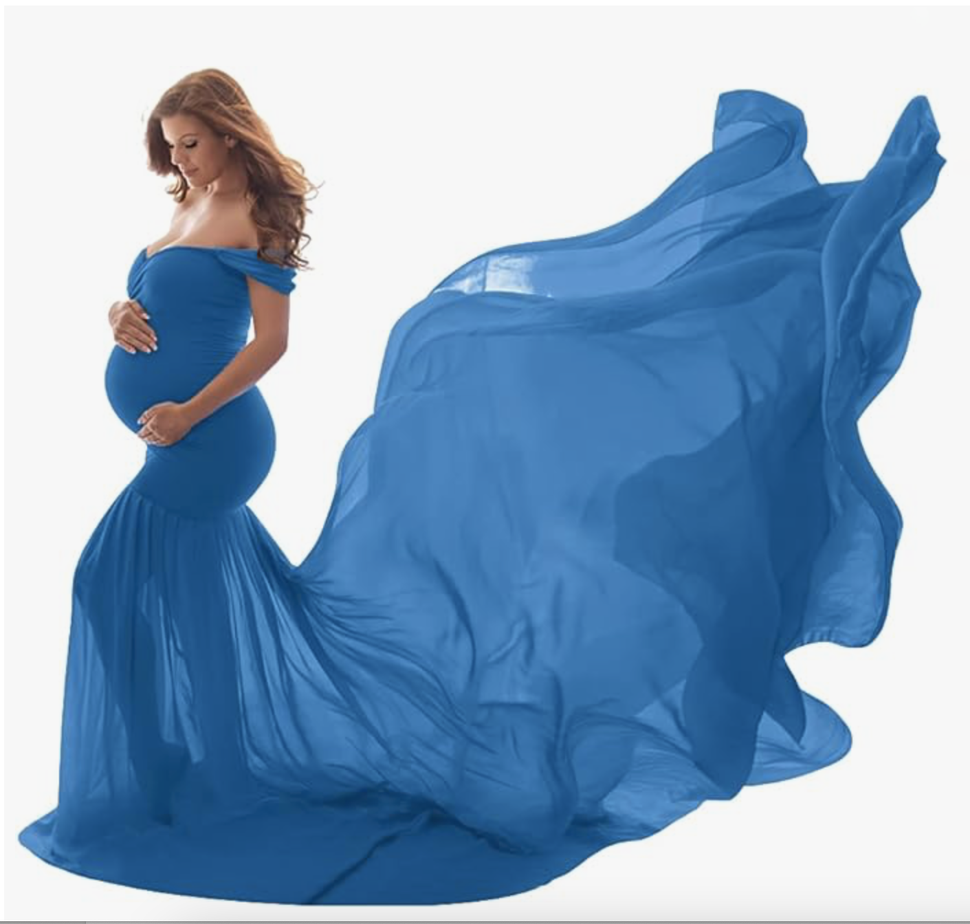 Blue off-shoulder chiffon maternity dress with flowing fabric train.