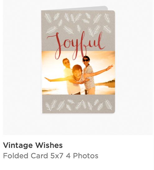 Vintage Wishes folded 5x7 holiday card with gray background, white leaves, and Joyful script with photo.