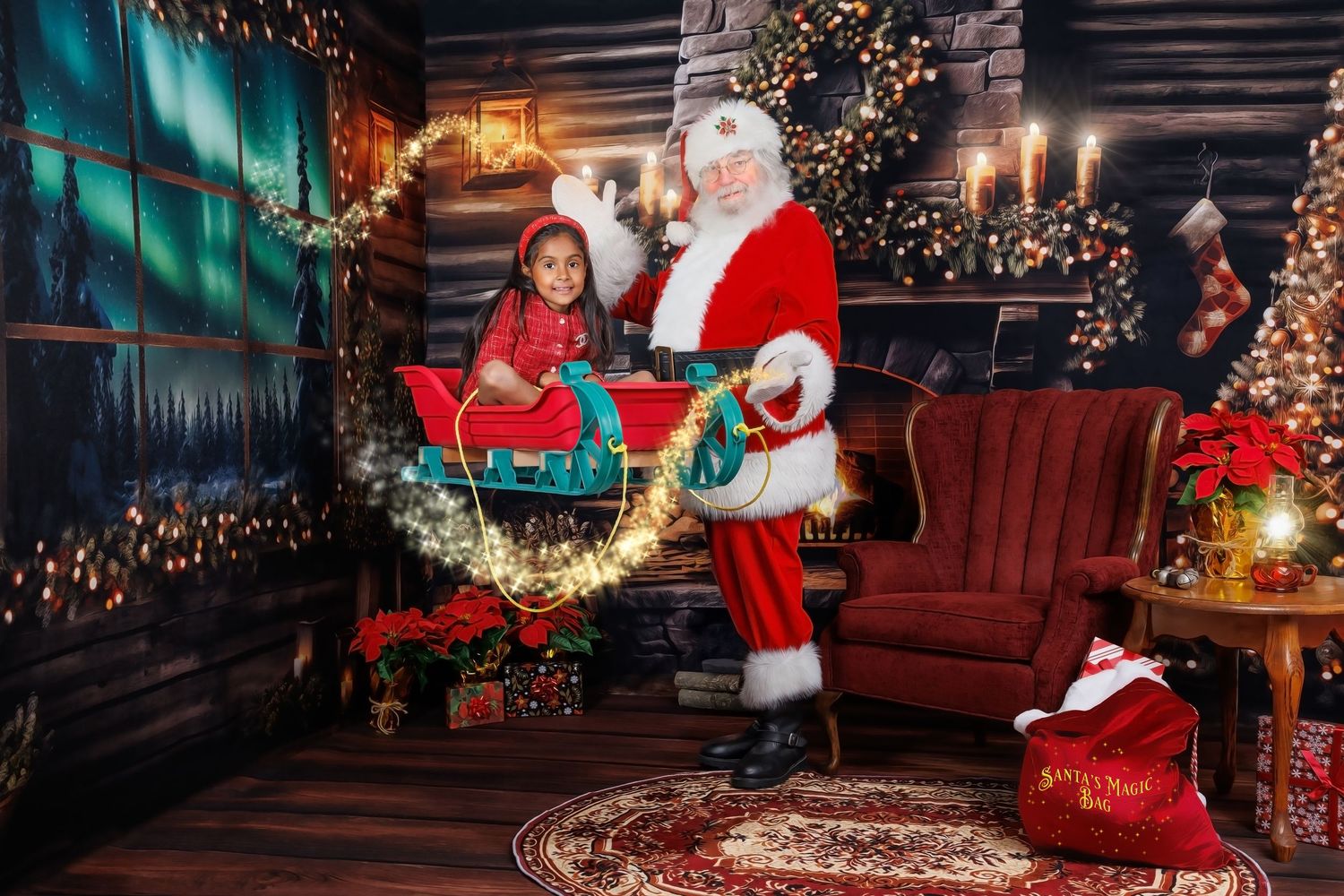 Santa Claus sits in a red sleigh beside a smiling little girl in a cozy Christmas studio with a decorated tree, candles and poinsettias.