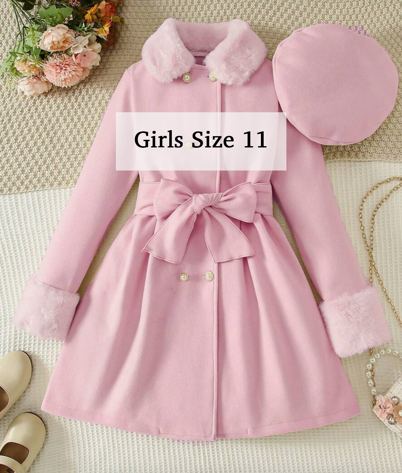 Girls size 11 pink coat set with fur collar, cuffs, bow belt, and matching beret hat.