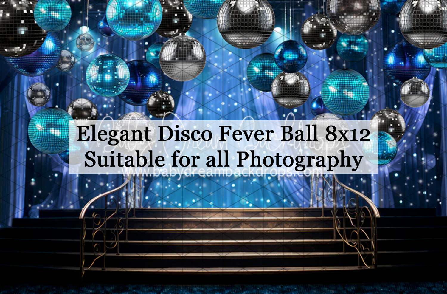 Elegant disco fever ball photography backdrop with teal and silver ornaments, sparkling curtains, and grand staircase.