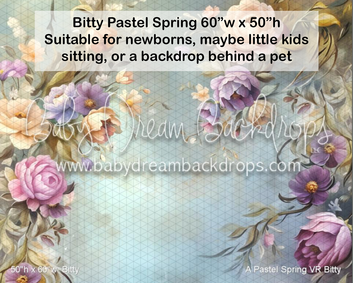 Pastel spring floral photography backdrop with soft roses and greenery, ideal for newborns, toddlers, or pet photos, 60x50 inches.